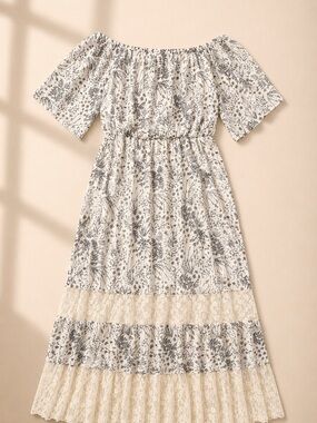 Kentucky Derby Maxi Dress | Cream | Off-Shoulder Floral and Lace | 14/16W